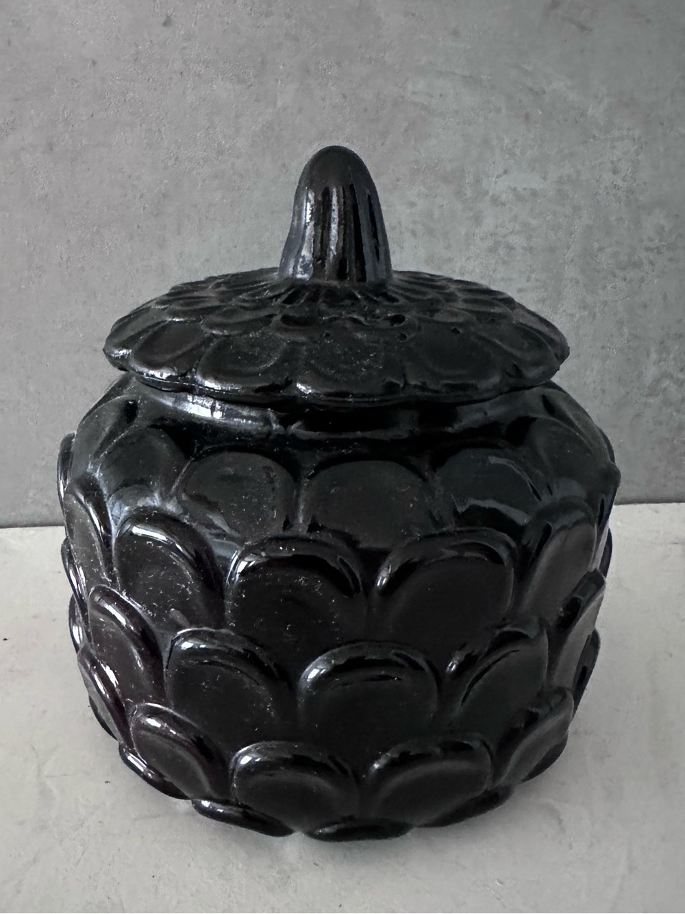 Vintage Black Amethyst Purple Glass Jar & Lid 6” Pine Cone Scales UCAGCO ITALY